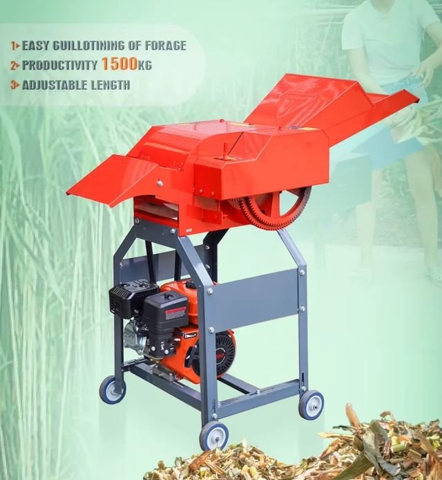 Ajara gasoline chaff cutter spec card: easy guillotining of forage, 1500kg productivity, adjustable length